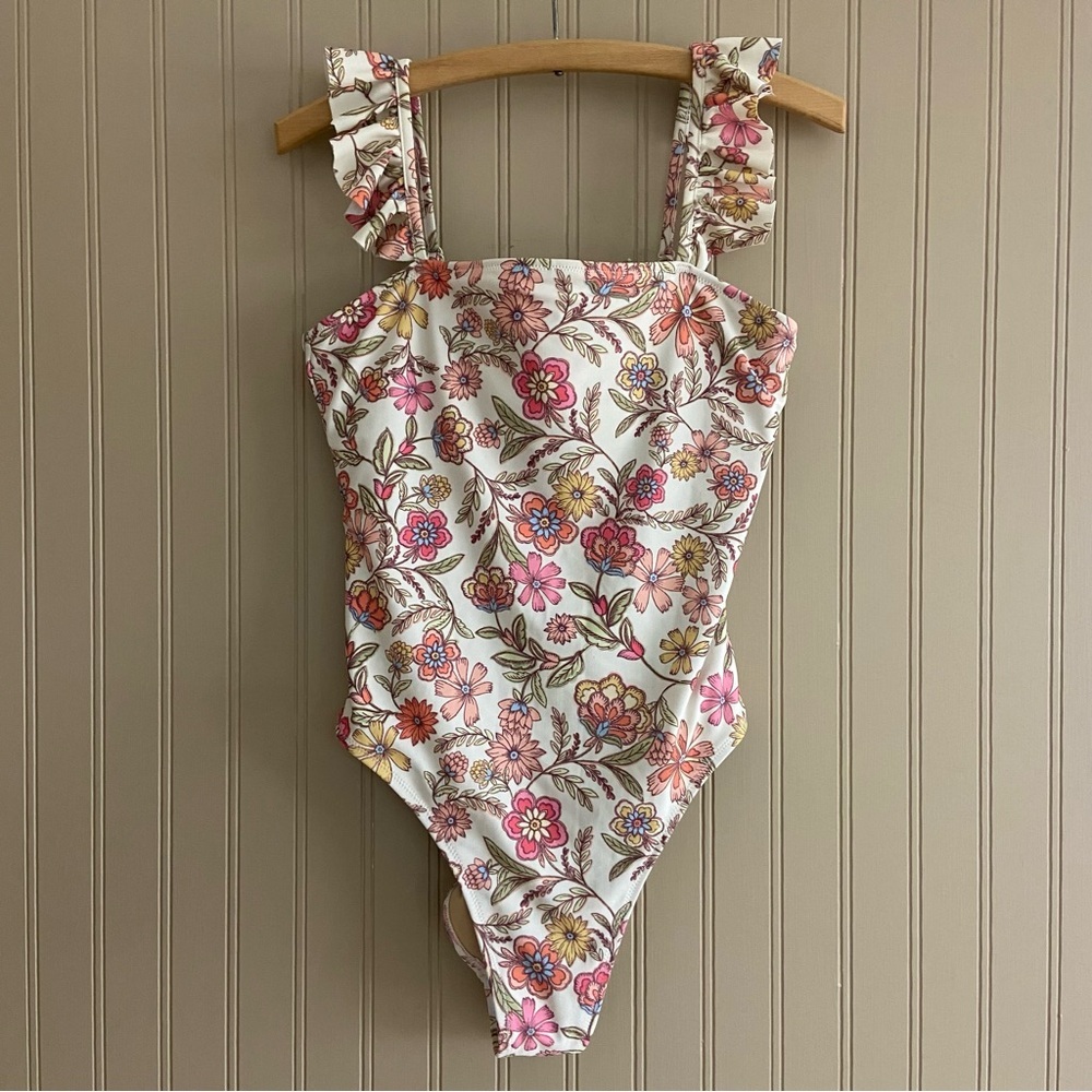 Old Navy Cream Floral Pattern High Thigh One Piece Bathing Suit Size Medium